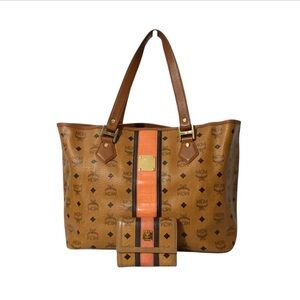 Authentic MCM Cognac Visetos Tote with Wallet Set